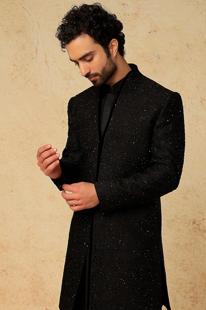 Black Silk Embroidered Indo Western Set by Jayesh and Kaajal Shah Men at Pernia's Pop Up Shop