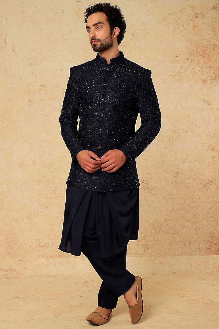 Black Silk Embroidered Bundi Jacket With Kurta Set by Jayesh and Kaajal Shah