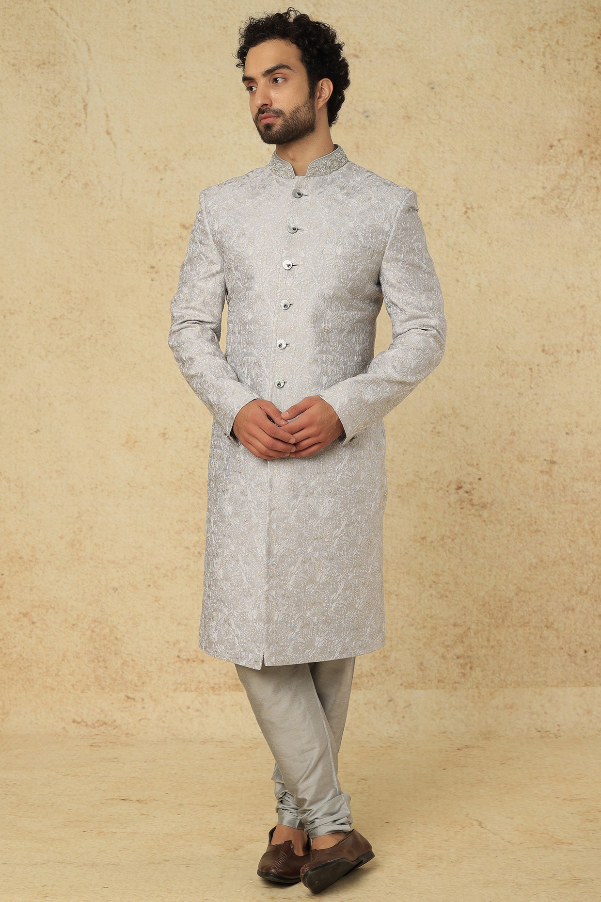 Grey Embroidered Sherwani Set by JAYESH SHAH