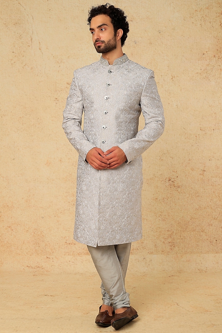 Grey Embroidered Sherwani Set by Jayesh and Kaajal Shah