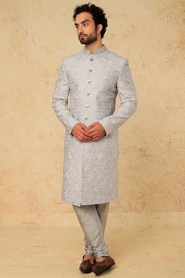 Grey Embroidered Sherwani Set by JAYESH SHAH