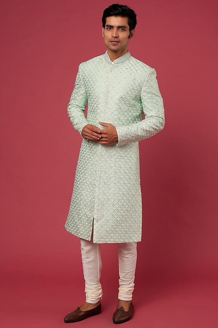 Mint Green Printed & Embroidered Sherwani Set by Jayesh and Kaajal Shah
