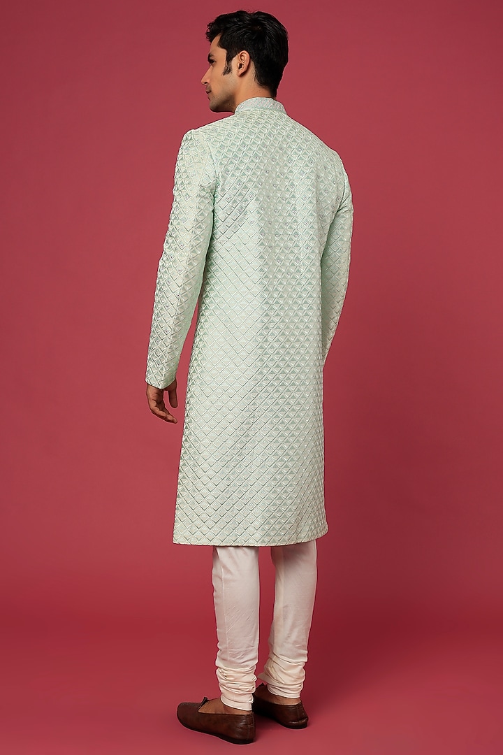 Mint Green Silk Printed & Hand Embroidered Wedding Sherwani Set by Jayesh and Kaajal Shah Men at Pernia's Pop Up Shop