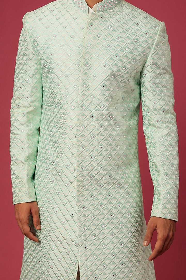 Mint Green Silk Printed & Hand Embroidered Wedding Sherwani Set by Jayesh and Kaajal Shah Men at Pernia's Pop Up Shop