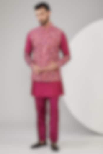 Rani Pink Silk Blended Hand Embroidered Bundi Jacket Set by Jayesh and Kaajal Shah