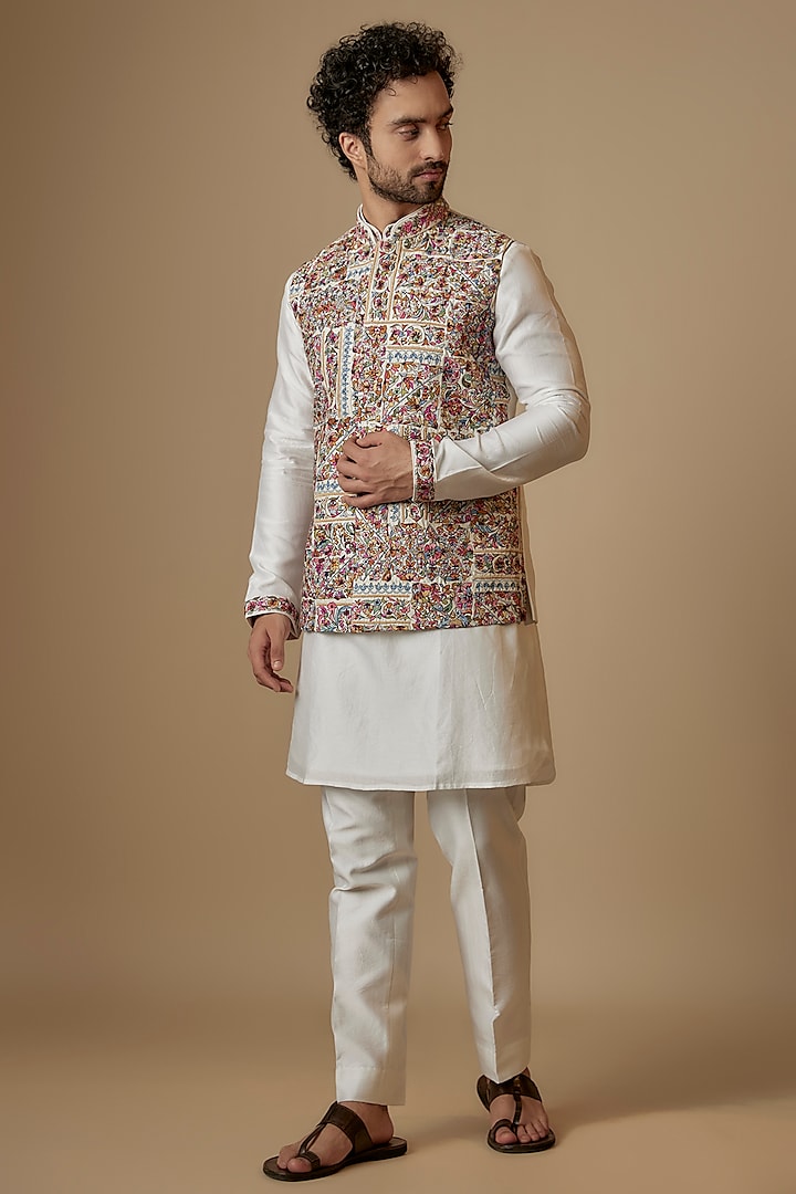 Multi-Colored Silk Blended Hand Embroidered Bundi Jacket Set by Jayesh and Kaajal Shah
