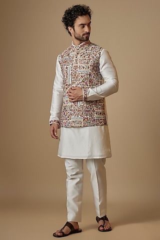 Multi-Colored Silk Blended Hand Embroidered Bundi Jacket Set by Jayesh and Kaajal Shah Men
