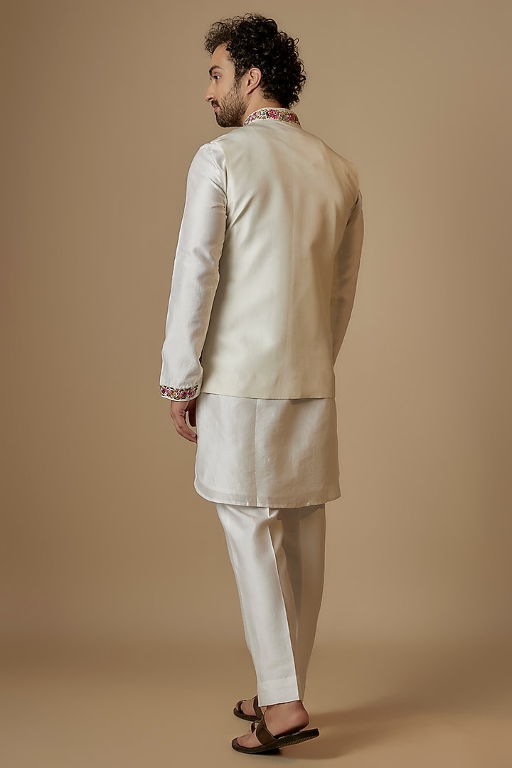 Multi-Colored Silk Blended Hand Embroidered Bundi Jacket Set by Jayesh and Kaajal Shah Men at Pernia's Pop Up Shop