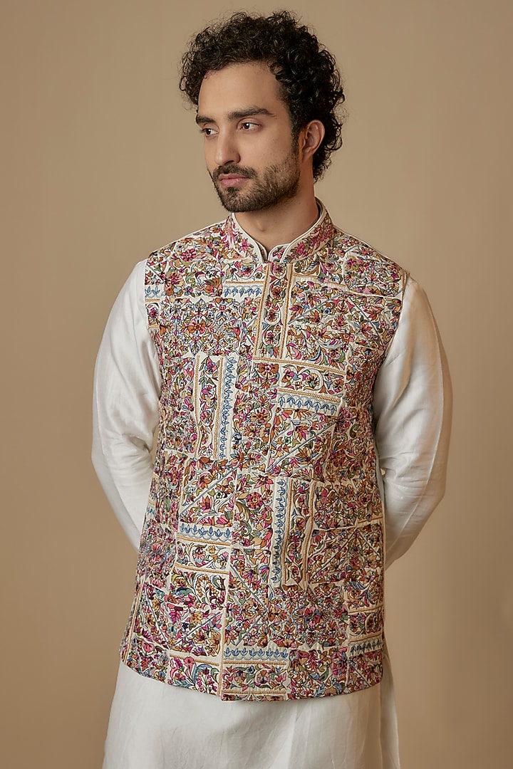 Multi-Colored Silk Blended Hand Embroidered Bundi Jacket Set by Jayesh and Kaajal Shah Men at Pernia's Pop Up Shop