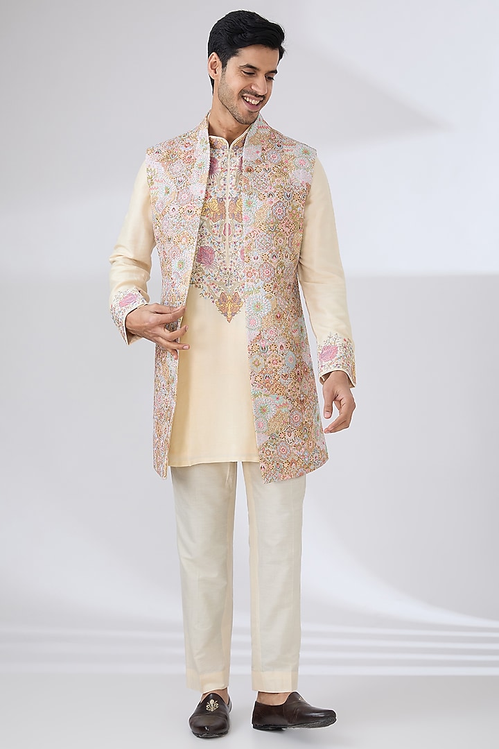 Butter Gold Polyester Indo-Western Set by Jayesh and Kaajal Shah