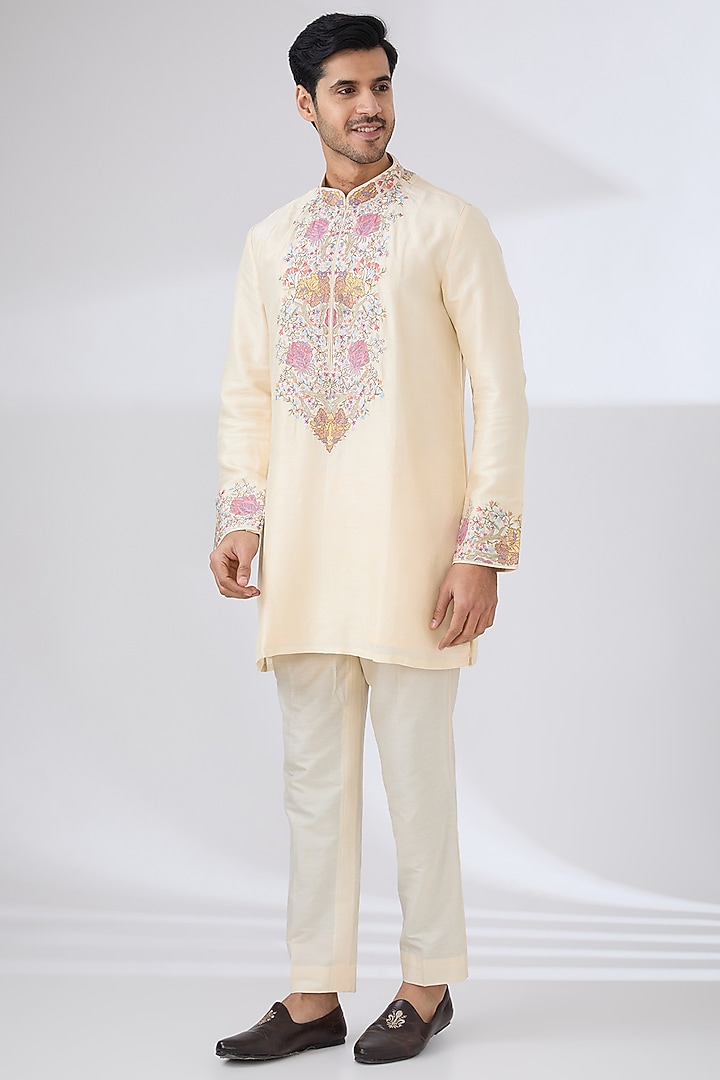 Butter Gold Polyester Indo-Western Set by Jayesh and Kaajal Shah Men at Pernia's Pop Up Shop