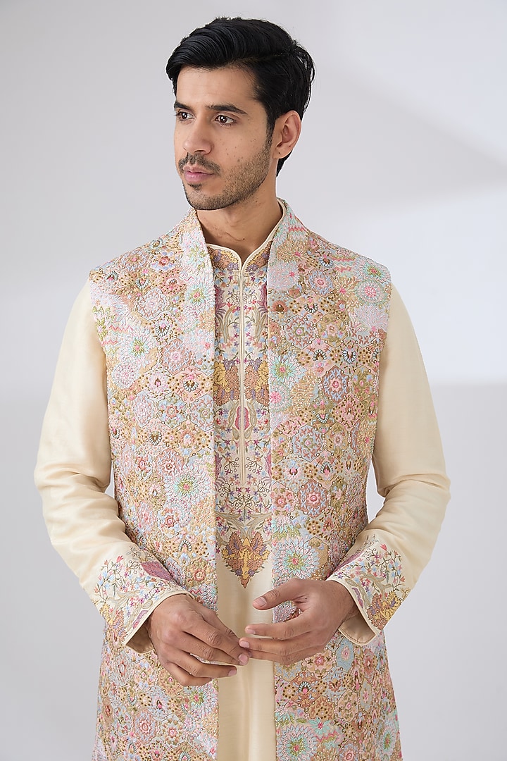 Butter Gold Polyester Indo-Western Set by Jayesh and Kaajal Shah Men at Pernia's Pop Up Shop