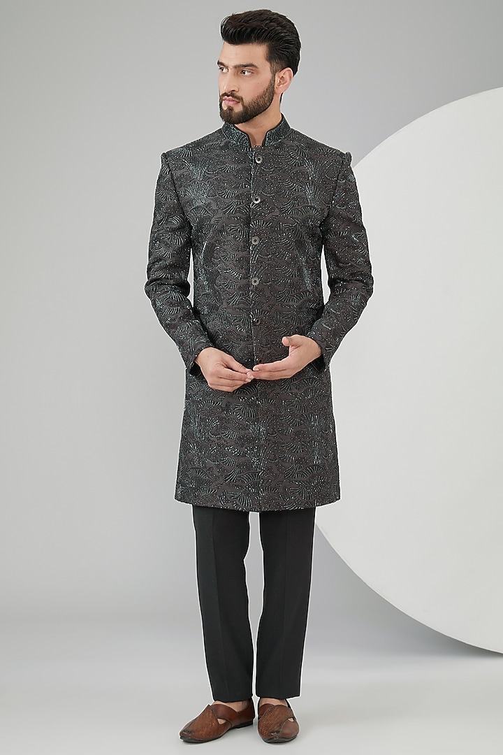 Grey Polyester Indowestern Set by Jayesh and Kaajal Shah