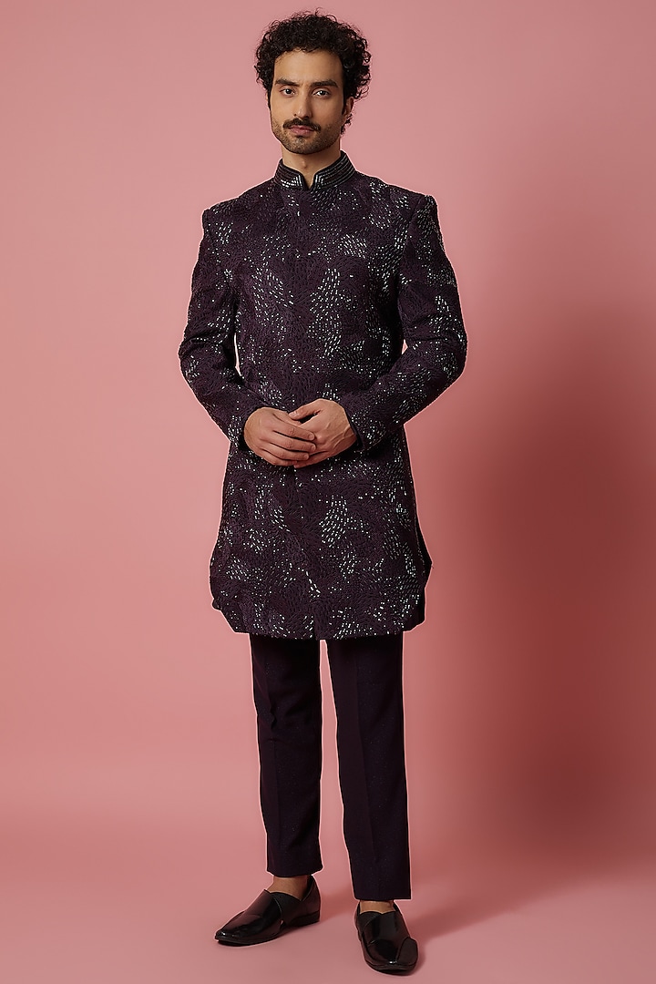 Wine Polyester Indowestern Set by Jayesh and Kaajal Shah