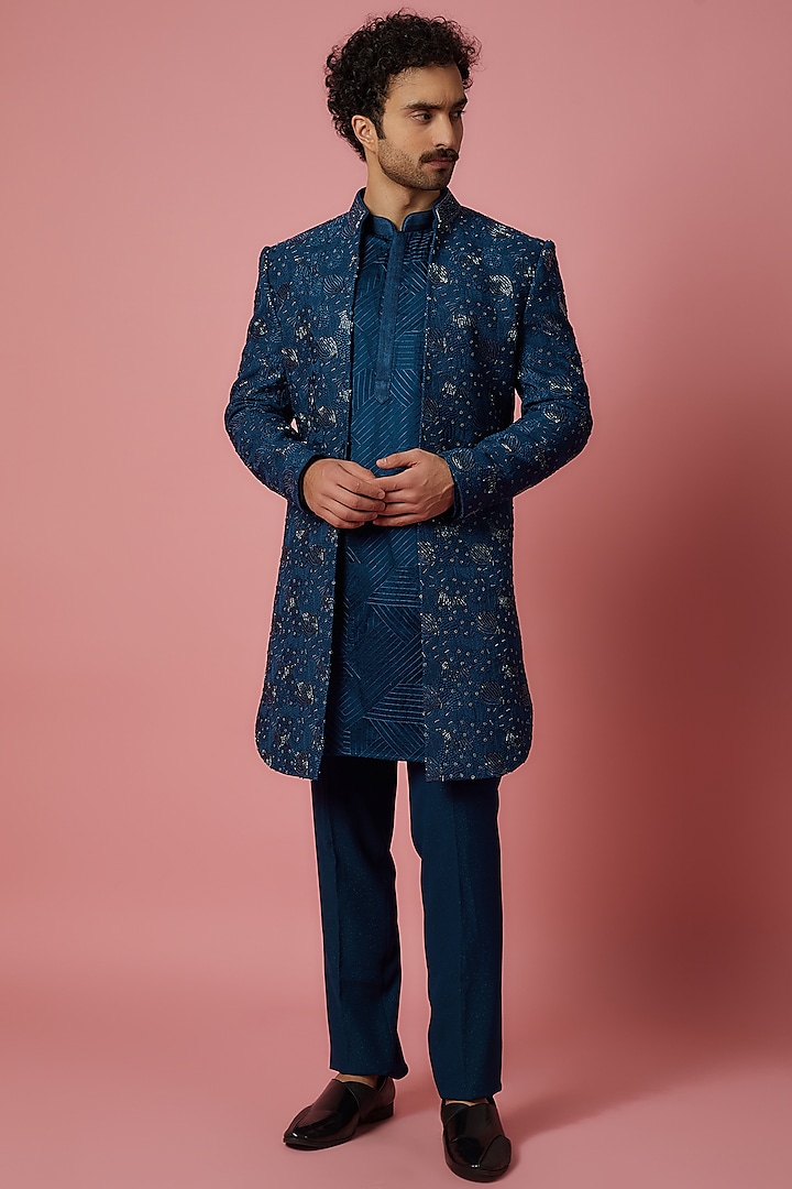 Blue Polyester Indowestern Set by Jayesh and Kaajal Shah