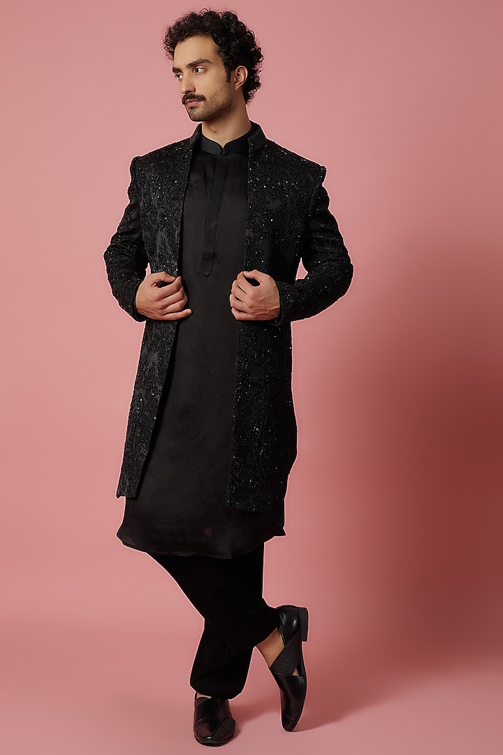 Black Polyester Indowestern Set by Jayesh and Kaajal Shah