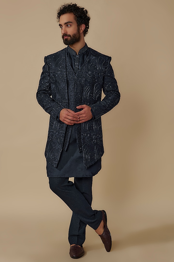Blue Polyester Indo-Western Set by Jayesh and Kaajal Shah