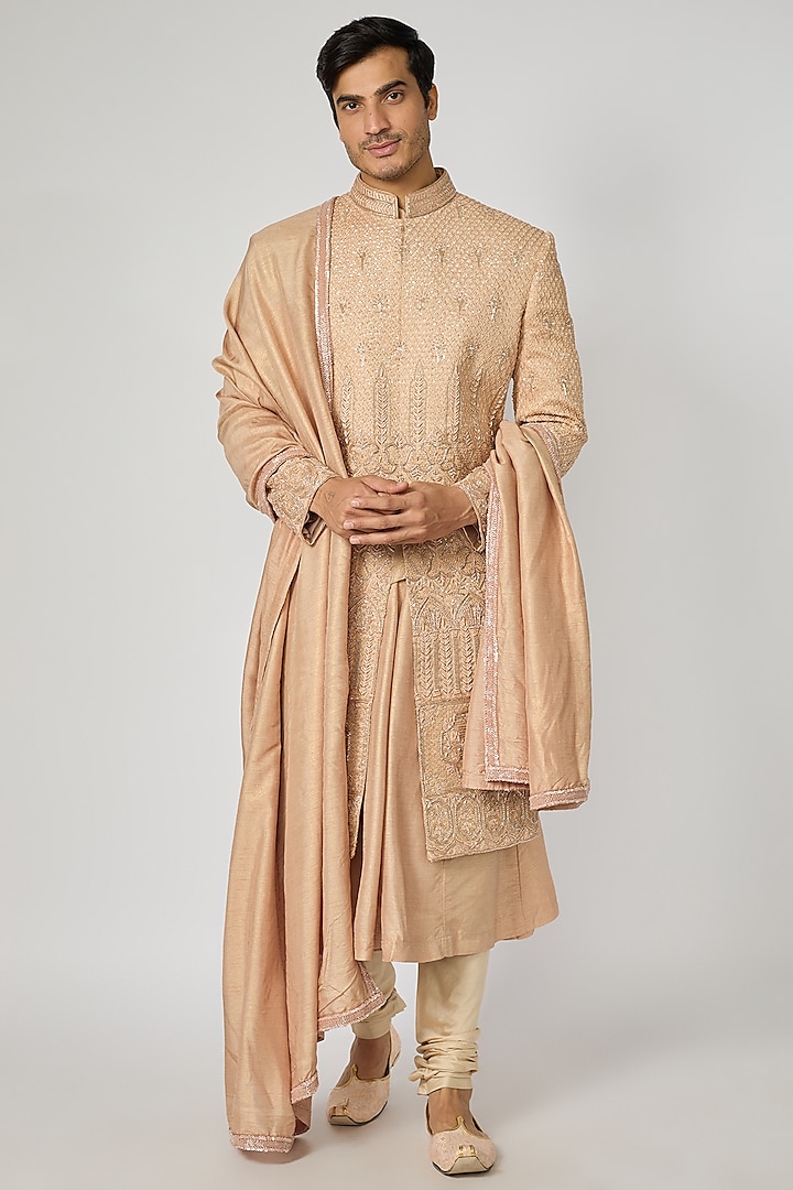 Gold Silk Sherwani Set by Jayesh and Kaajal Shah