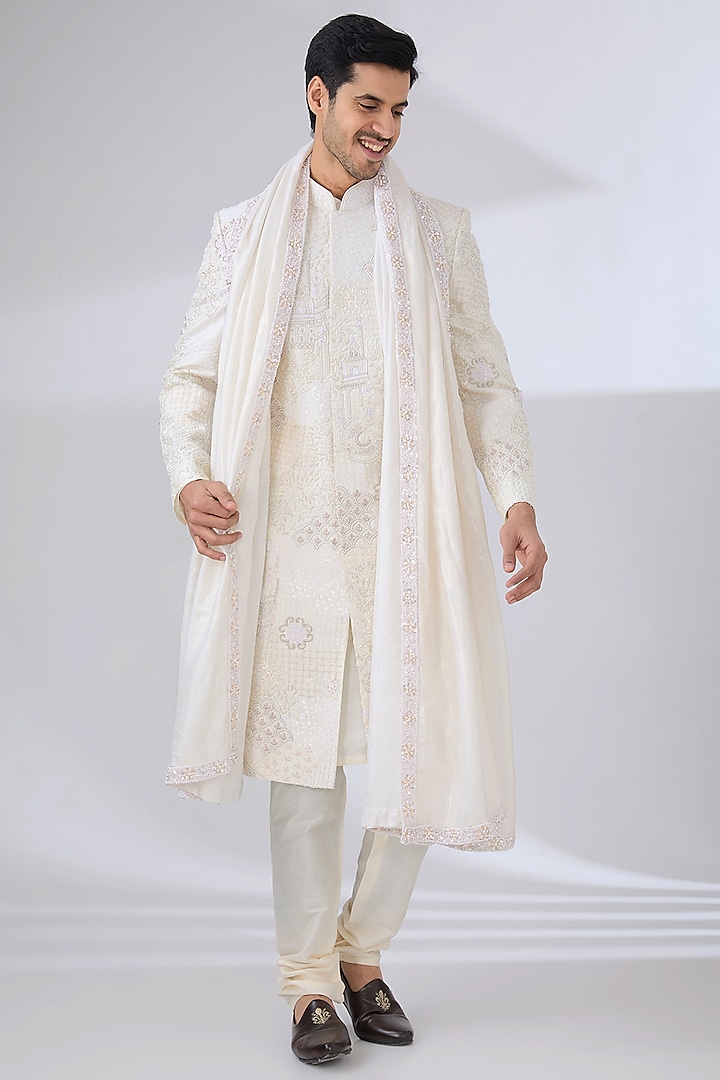 Ivory Raw Silk Groom Sherwani Set by Jayesh and Kaajal Shah at Pernia's Pop Up Shop