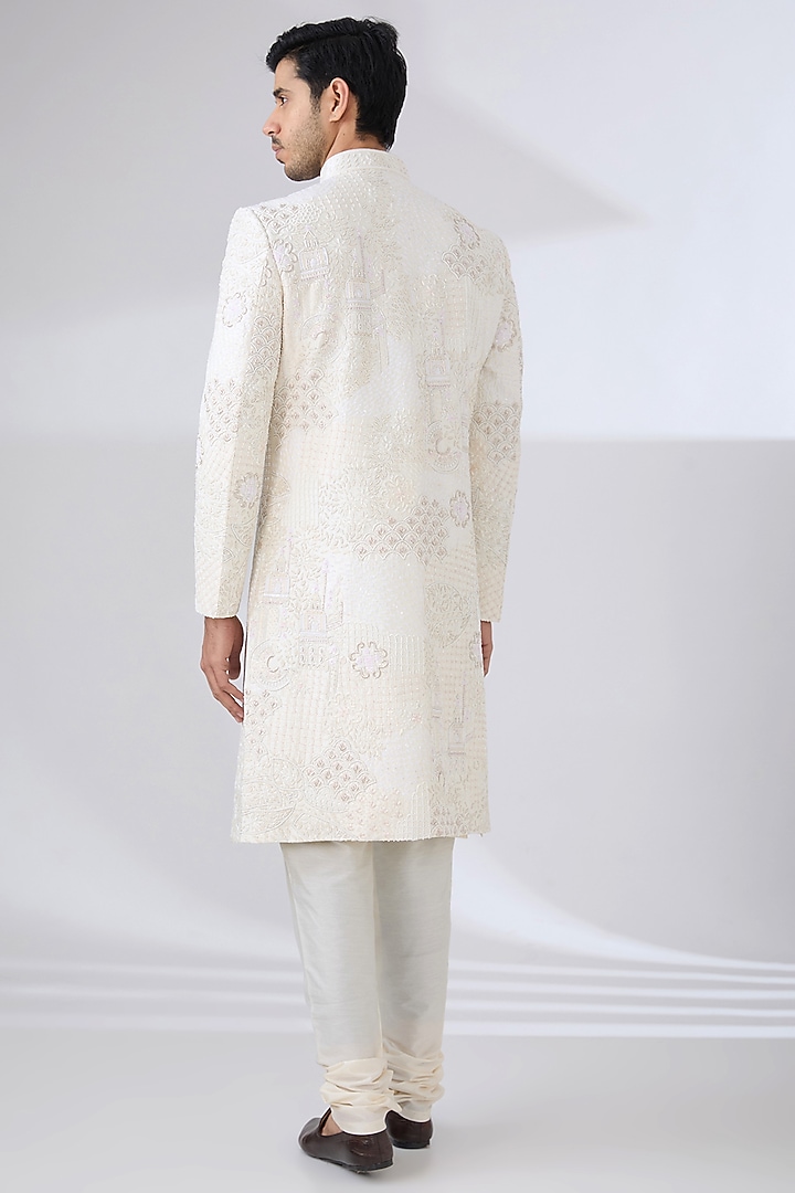 Ivory Raw Silk Groom Sherwani Set by Jayesh and Kaajal Shah Men at Pernia's Pop Up Shop