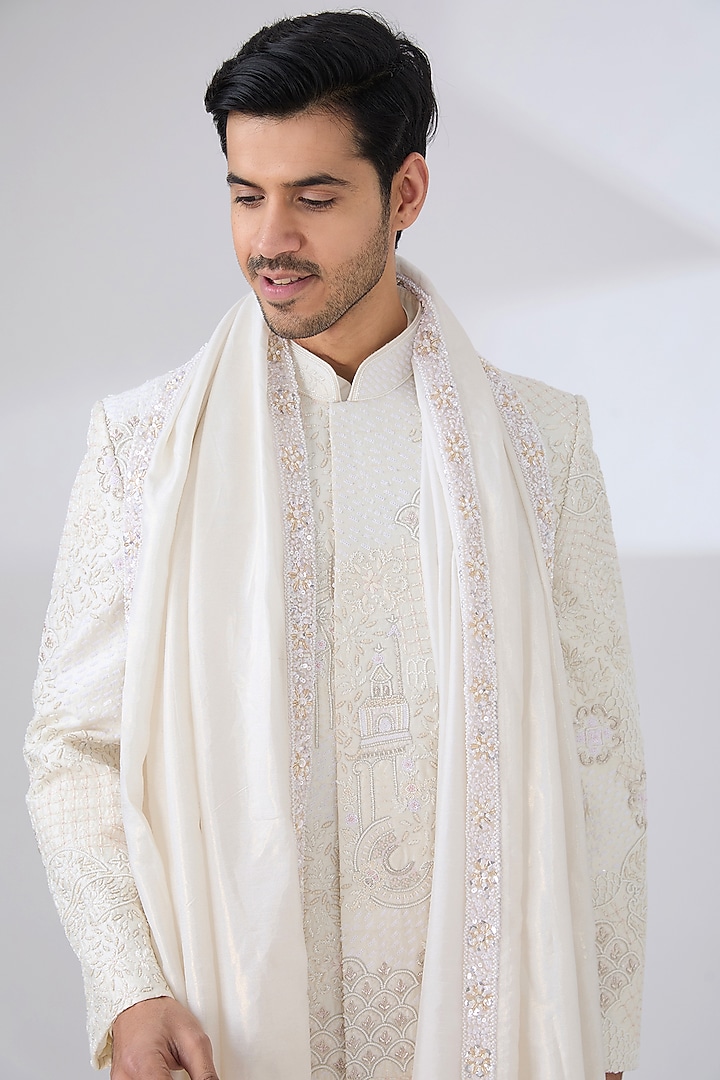 Ivory Raw Silk Groom Sherwani Set by Jayesh and Kaajal Shah Men at Pernia's Pop Up Shop