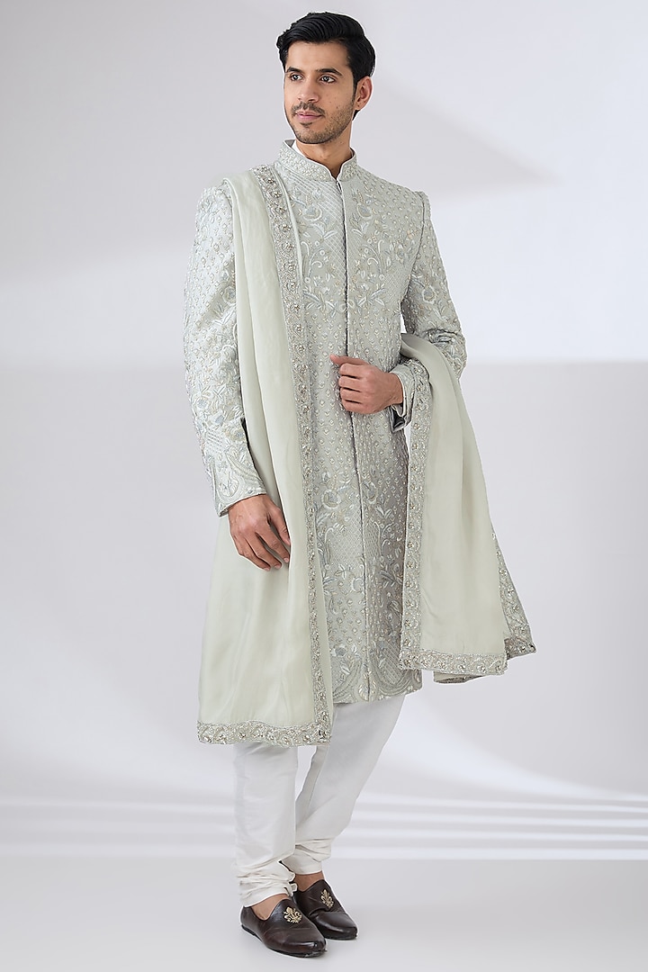 Grey Raw Silk Sherwani Set by Jayesh and Kaajal Shah