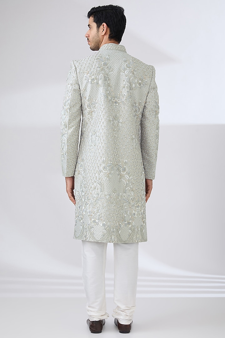 Grey Raw Silk Groom Sherwani Set by Jayesh and Kaajal Shah Men at Pernia's Pop Up Shop