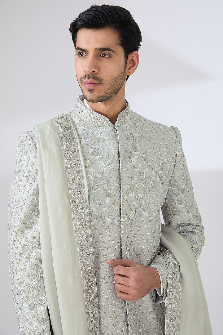 Grey Raw Silk Groom Sherwani Set by Jayesh and Kaajal Shah Men at Pernia's Pop Up Shop
