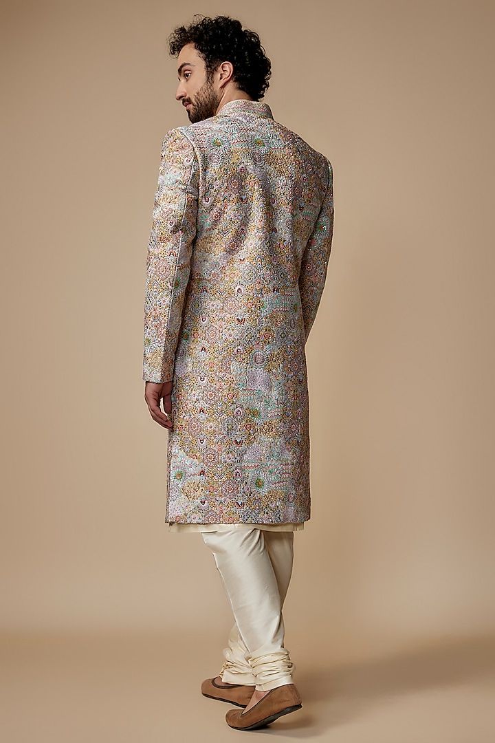 Gold Raw Silk Embroidered Groom Sherwani Set by Jayesh and Kaajal Shah Men at Pernia's Pop Up Shop