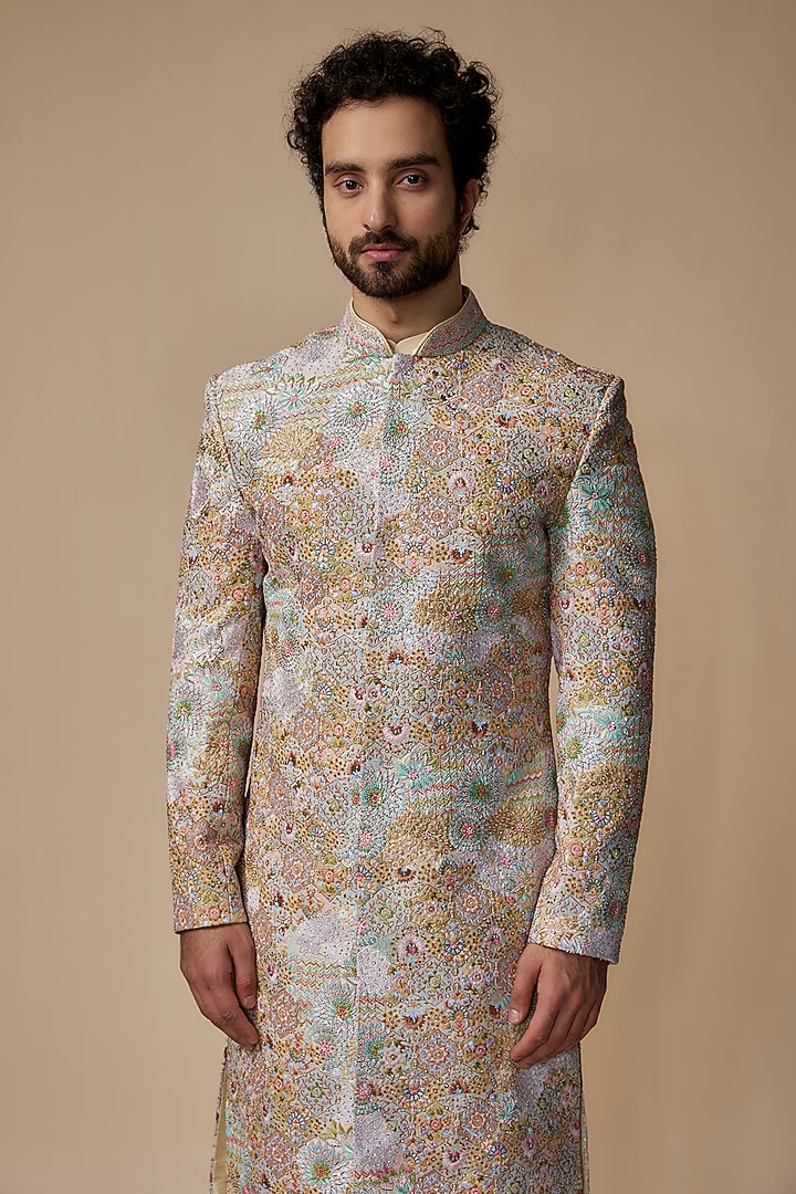 Gold Raw Silk Embroidered Groom Sherwani Set by Jayesh and Kaajal Shah Men at Pernia's Pop Up Shop