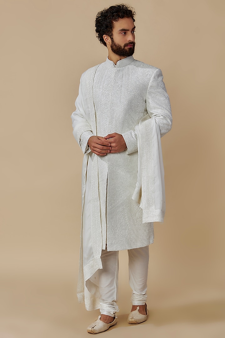Ivory Raw Silk Sherwani Set by Jayesh and Kaajal Shah
