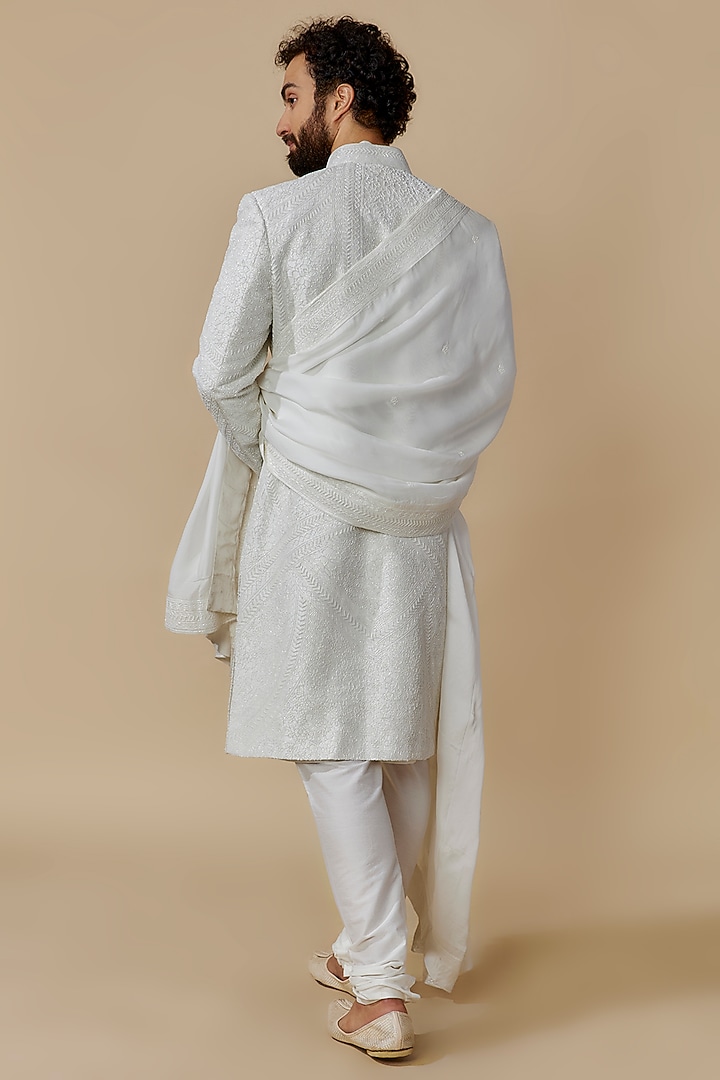 Ivory Raw Silk Groom Sherwani Set by Jayesh and Kaajal Shah Men at Pernia's Pop Up Shop