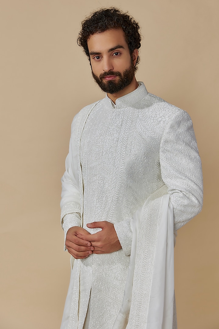 Ivory Raw Silk Groom Sherwani Set by Jayesh and Kaajal Shah Men at Pernia's Pop Up Shop