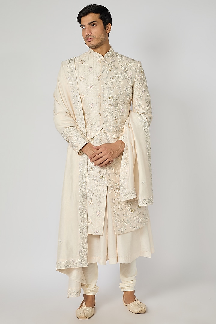 Ivory Raw Silk Sherwani Set by Jayesh and Kaajal Shah