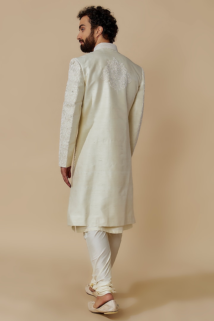 Ivory Raw Silk Groom Sherwani Set by Jayesh and Kaajal Shah Men at Pernia's Pop Up Shop