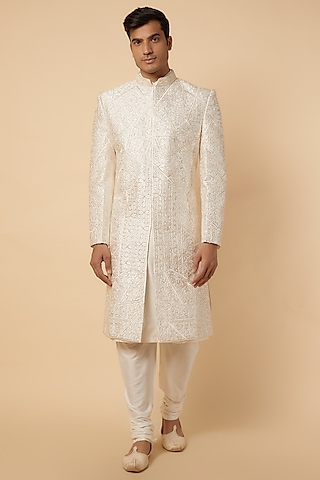 Ivory Silk Sherwani Set by Jayesh and Kaajal Shah Men