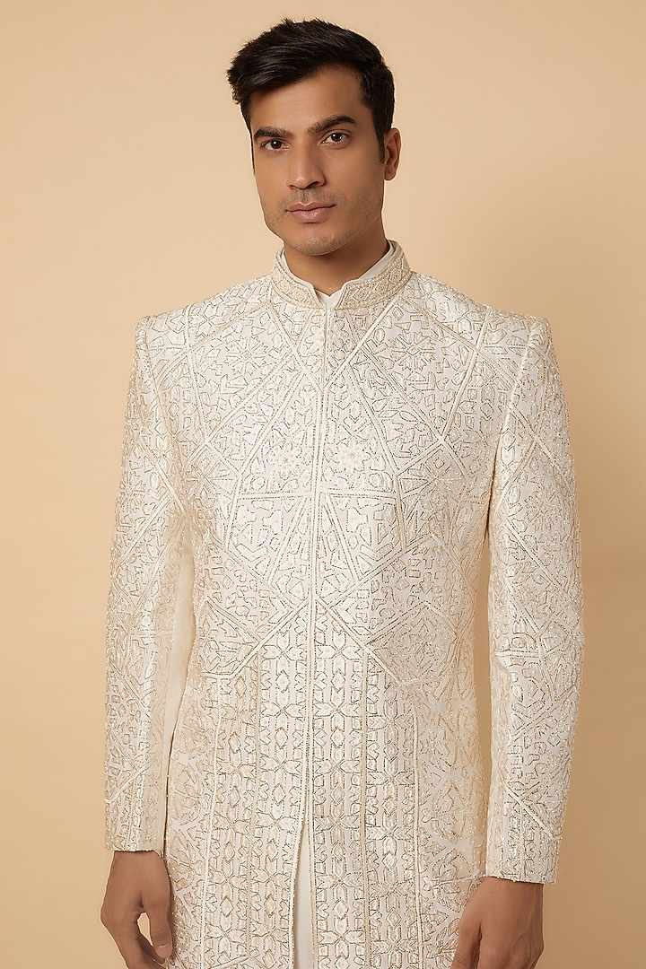 Ivory Silk Groom Sherwani Set by Jayesh and Kaajal Shah Men at Pernia's Pop Up Shop