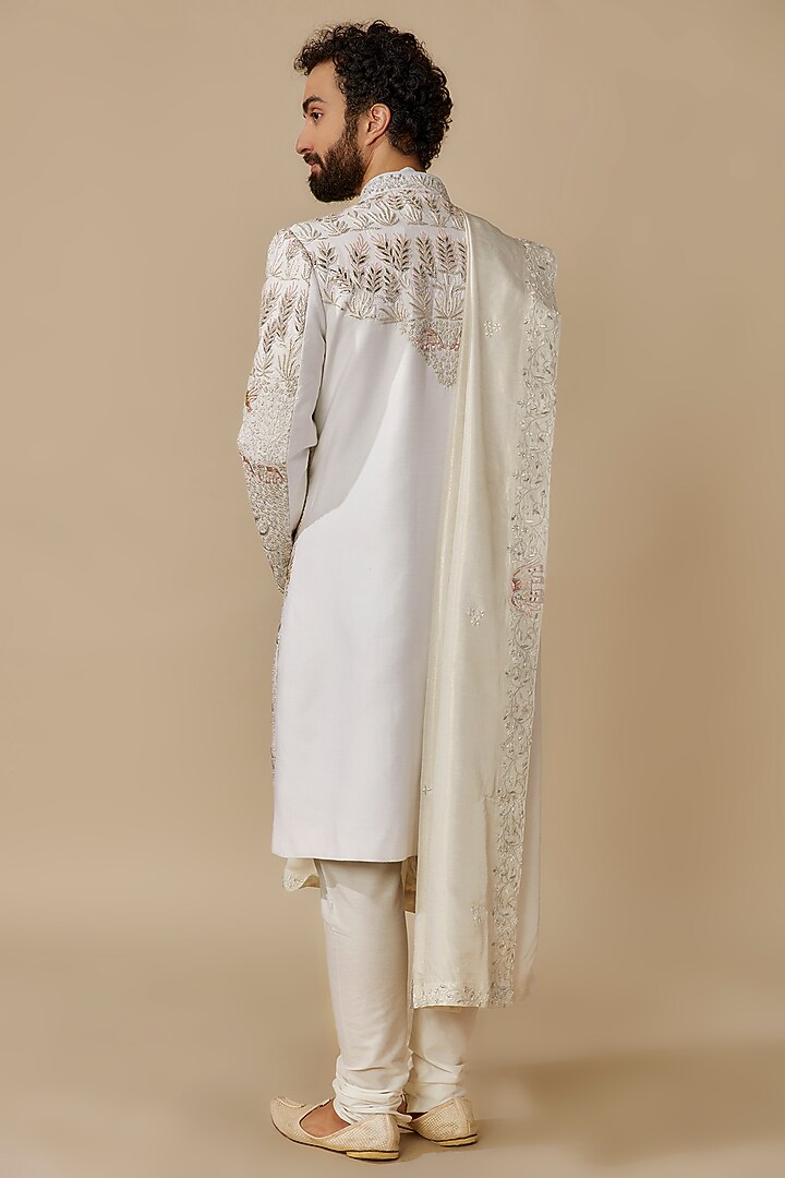 Ivory Raw Silk Groom Sherwani Set by Jayesh and Kaajal Shah Men at Pernia's Pop Up Shop