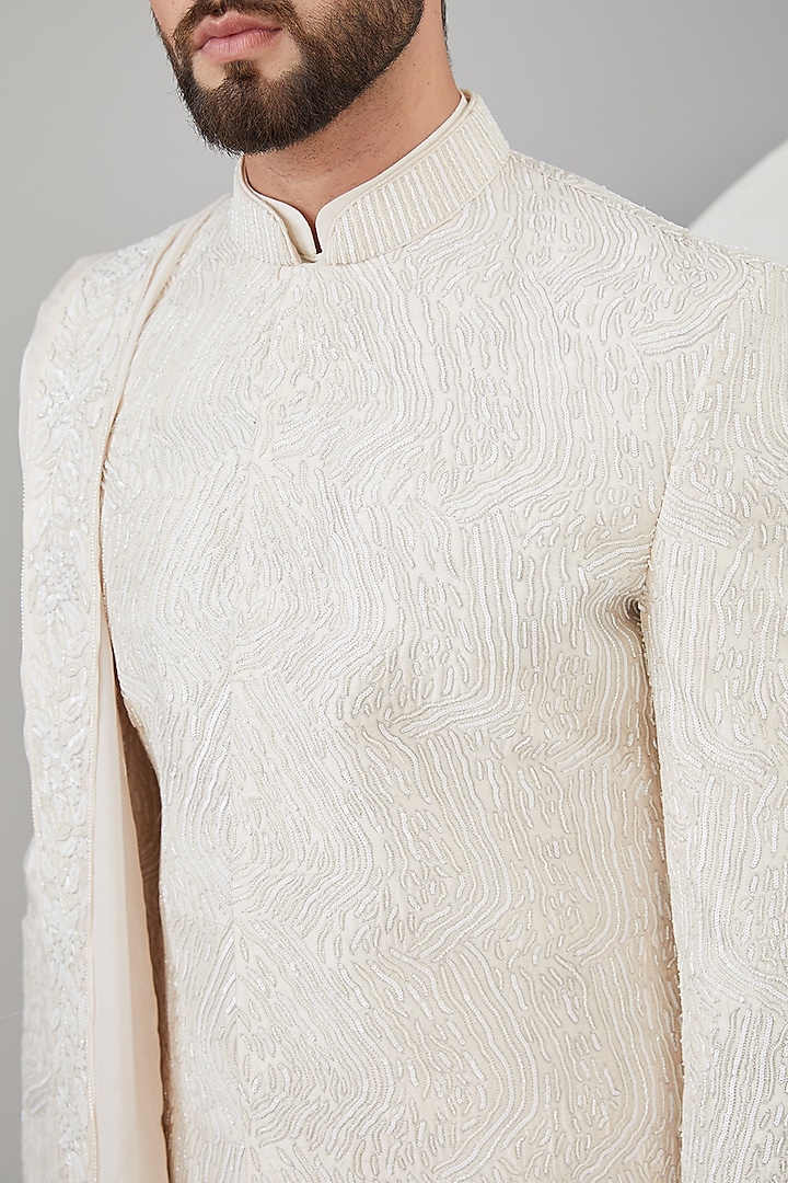 Ivory Silk Groom Sherwani Set by Jayesh and Kaajal Shah Men at Pernia's Pop Up Shop