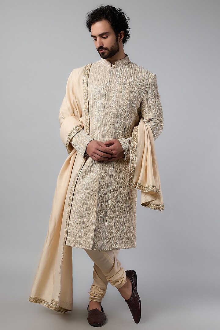 Beige Raw Silk Embroidered Sherwani Set by Jayesh and Kaajal Shah