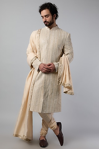 Beige Raw Silk Embroidered Sherwani Set by Jayesh and Kaajal Shah Men