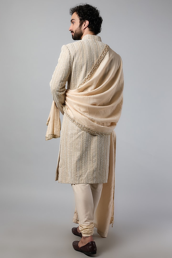 Beige Raw Silk Embroidered Groom Sherwani Set by Jayesh and Kaajal Shah Men at Pernia's Pop Up Shop