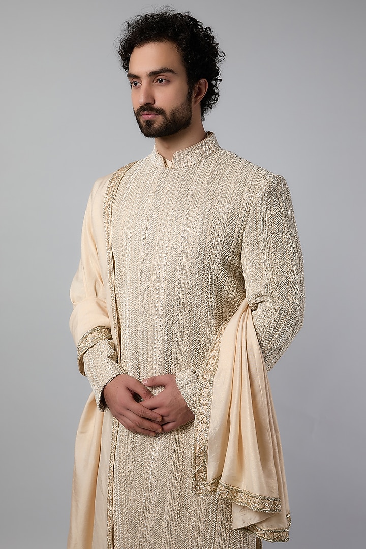 Beige Raw Silk Embroidered Groom Sherwani Set by Jayesh and Kaajal Shah Men at Pernia's Pop Up Shop