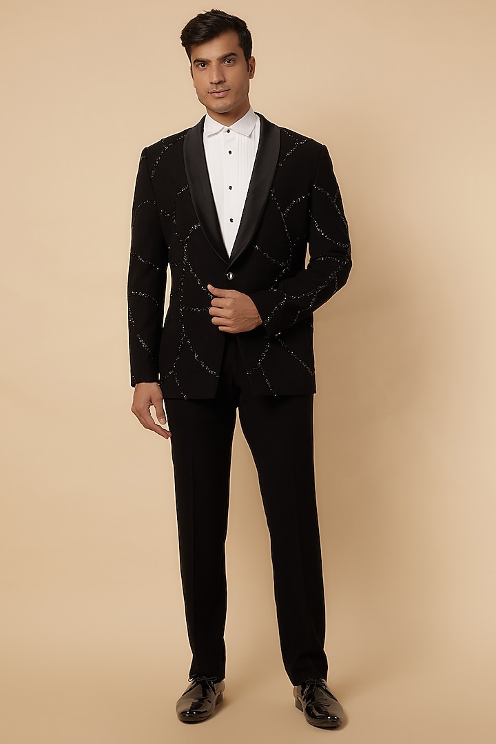 Black Polyester Suit Set by Jayesh and Kaajal Shah