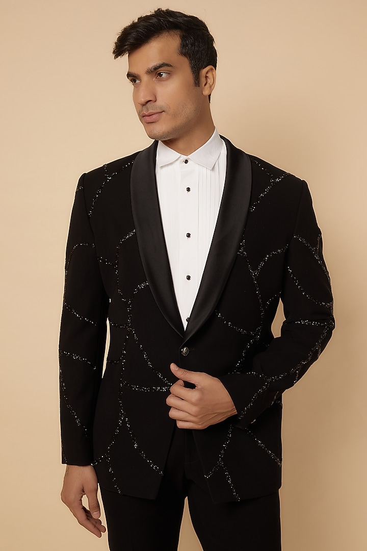 Black Polyester Suit Set by Jayesh and Kaajal Shah Men at Pernia's Pop Up Shop