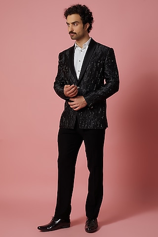 Black Polyester Blazer Set by Jayesh and Kaajal Shah Men