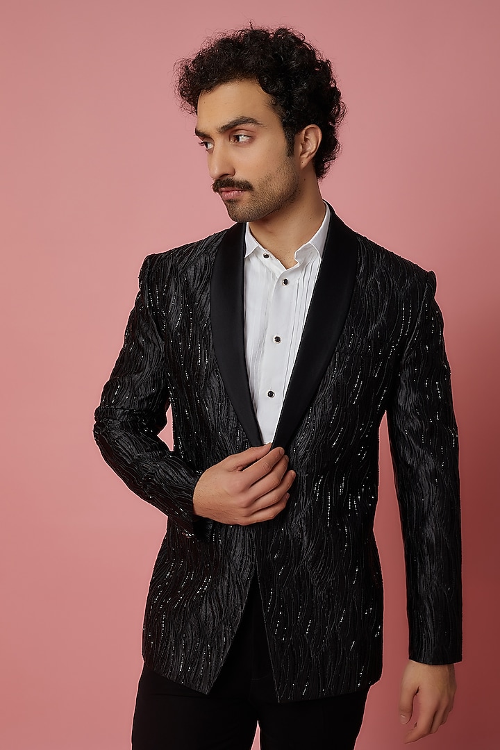 Black Polyester Blazer Set by Jayesh and Kaajal Shah Men at Pernia's Pop Up Shop