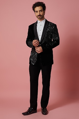 Black Polyester Blazer Set by Jayesh and Kaajal Shah Men