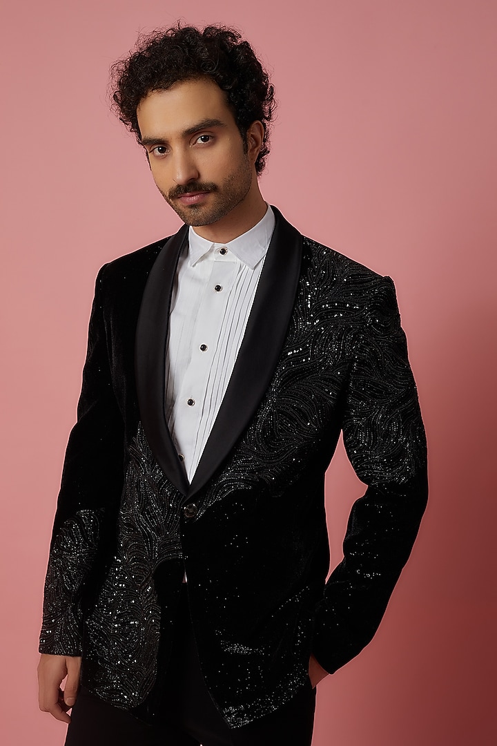 Black Polyester Blazer Set by Jayesh and Kaajal Shah Men at Pernia's Pop Up Shop