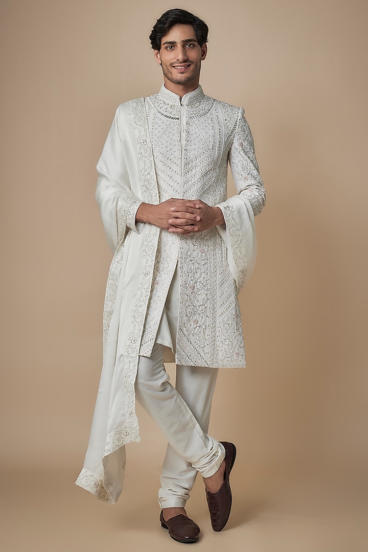 Ivory Silk Sherwani Set by Jayesh and Kaajal Shah at Pernia's Pop Up Shop